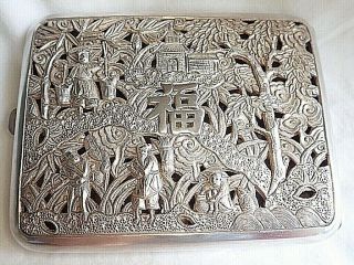 C1900 Antique Fine Chinese Export Silver Cigarette Case Village Life & Bees 167g
