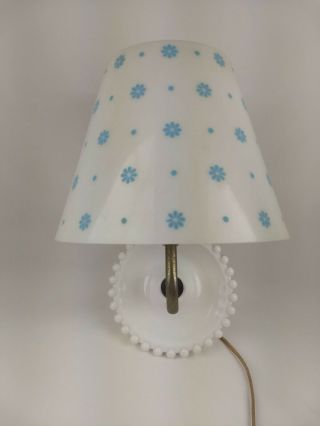 Vintage White Milk Glass Hobnail Wall Sconce W/ Retro Shade Light Blue Flowers