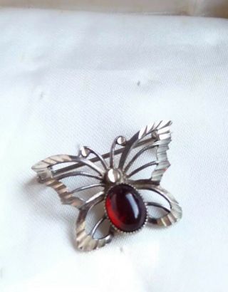 C1970 Vintage Stirling Silver Red Cabochon Butterfly Brooch