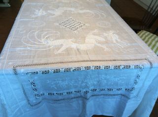Stunning Vintage Fine Crochet Lace And Hand Embroidered L Tablecloth/bedspread,