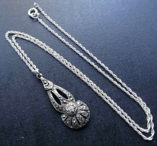 Vintage 925 Sterling Silver Art Deco Marcasite Pendant Chain Necklace - 65
