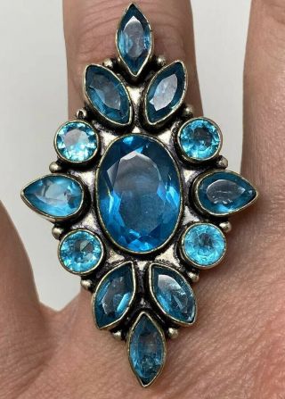 Show Stopper Vintage Large Fun Cocktail Ring Sterling Silver Blue Topaz Ring Sz7