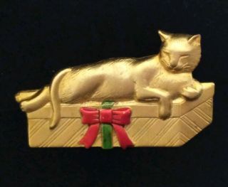 Vintage Jj Jonette Brushed Gold Tone Over Pewter Christmas Present Kitty Cat