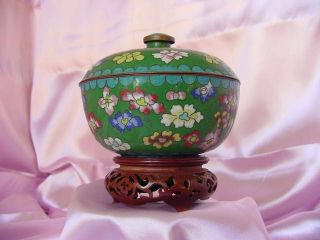 Antique Chinese Large Enameled Cloisonne Covered Bowl Vintage & Wood Stand