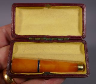 Fine Cased Antique Amber Cigarette Holder 18ct Gold & Sapphire Mounted Af