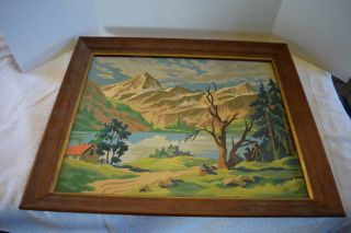 Vintage Paint By Numbers,  Framed,  Mountain Scene,  Approx 19 1/4 X 23 1/8 Inches