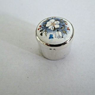 Vintage Solid Silver Pill Box Decorated Enamelled Painted Flowers Hm 1995
