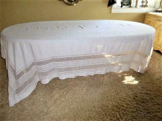 Vintage White Linen 122 " Banquet Tablecloth W 12 " Deep Spanish Drawn Work Lace