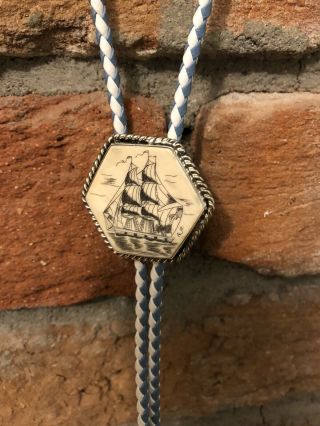 Vintage Sterling Silver Scrimshaw Ship Blue Leather Bolo Tie Western Necklace