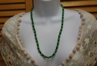 Vintage Art Deco Black & Jade Green Glass Bead Necklace 24 " Long