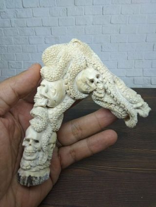Octopus Skull Head Handle Walking Stick Cane From Deer Antler Carved_a12