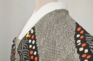 Vintage Silk Kimono Jacket:fully Shiboi Black Tsunami Wave@kx60