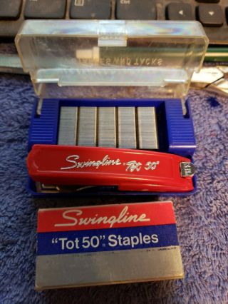 Vintage Swingline Tot 50 Red Stapler W/ Staples & Hard Case Office Collectible