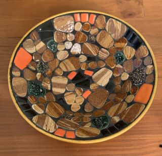 Vintage Retro Mid Century Modern Orange Brown Mosaic Pebble & Tile Art Pottery