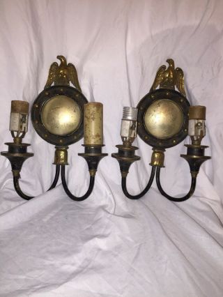 Pair Vintage Brass Wall Lights Sconces With Eagles Candelabra Antique