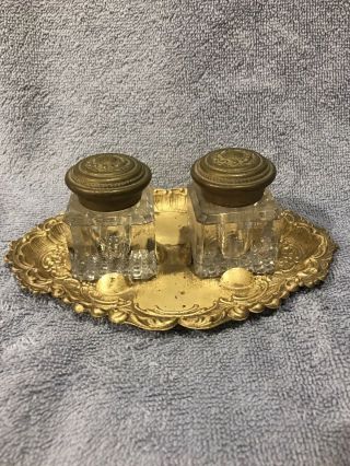 Vintage Antique Victorian Brass Dip Pen Tray Ink Stand Inkwell