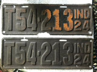 Indiana 1924 Pair Front And Back License Plates T54•213