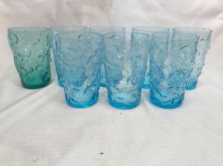 Set Of 8 Mid Century Modern Blue Drinking Glasses Vintage