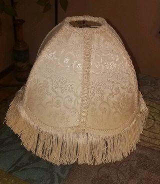 PRETTY Vintage Antique White BROCADE Fringed VICTORIAN Style Lamp Shade 2