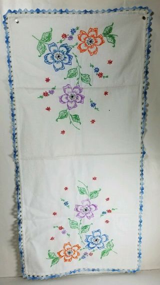 Vintage Hand Embroidered Table Runner Dresser Scarf,  Crocheted Trim 29 " X 14 "