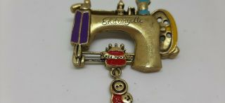 Vintage Antique Sewing Machine Gold Toned And Enameled Brooch Signed