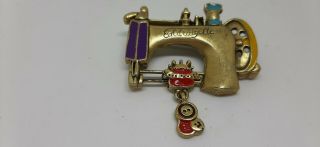 Vintage Antique Sewing Machine gold toned and enameled Brooch Signed 2