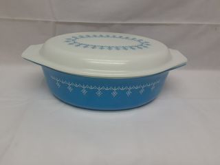 Vintage Pyrex Blue White Snowflake Garland Oval Casserole Dish W Lid 2.  5 Quart