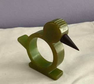 Vintage Art Deco Green Bird Bakelite Napkin Ring Holder Purple Beak