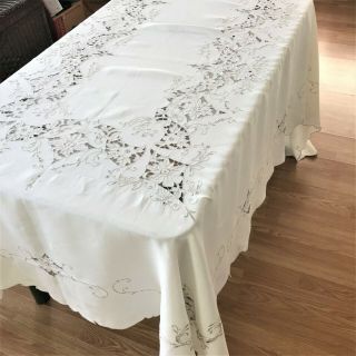 Vintage Linen Cut Work Embroidered Tablecloth