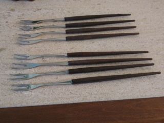 Mid Century Modern Rostfrei Fondue Forks - Set Of 8 - Teak Handles - 12 " Length
