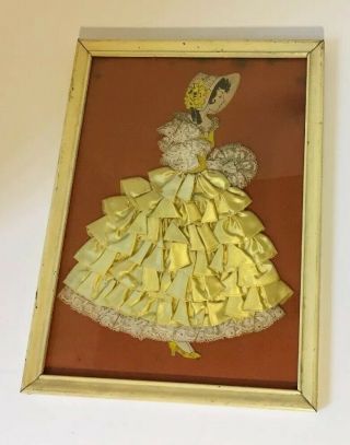 Vintage Antique Yellow Ribbon & Lace Lady Paper Doll Art Frame