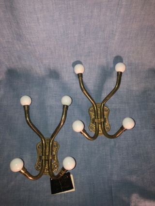 2 Vintage Ornate Coat Hooks,  Brass Porcelain Ball Hat Towel Wall Rack