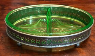 Vaseline Vintage Green Depression Glass Divided Relish Dish With Metal Stand