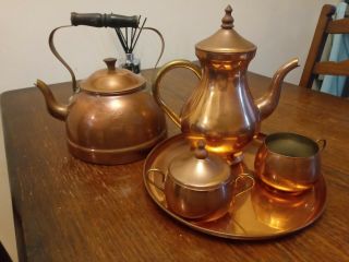 Vintage Copper Kettle Portugal Tea Kettle Wood Handle And Tea Set With Tray