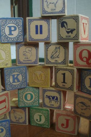 38 Vintage Wooden Toy Blocks Numbers,  Letters And Pictures