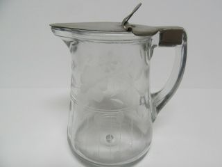 Vintage Etched Glass Syrup Dispenser With Metal Lid 4 " Tall Pat.  1914