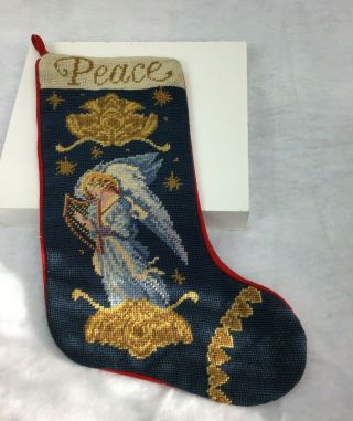 Vintage Needlepoint Christmas Stocking Peace Angel Blue/red/gold