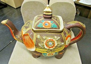Vintage 1940 Teapot Japanese Moriage Gilded Satsuma Hand Painted Elephant Brown