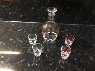 French Vintage Retro 60s Decanter,  Shot Glasses X4 Pack Of Cards Design