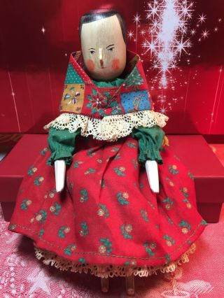 Vintage Wooden Peg Doll “ida” By Fred Laughon Handmade Dress Williamsburg Va