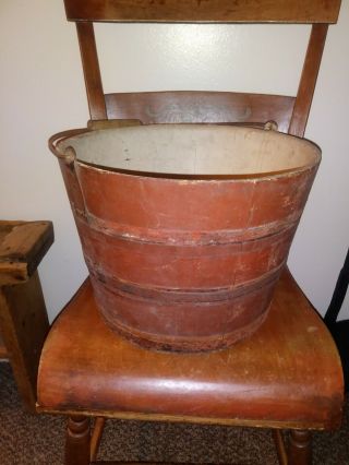 Antique Painted Wooden Bucket Old Red Paint W/ Handle C.  19th Century