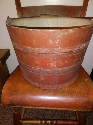 Antique Painted Wooden Bucket Old Red Paint W/ Handle c.  19th Century 2
