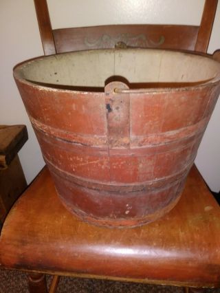 Antique Painted Wooden Bucket Old Red Paint W/ Handle c.  19th Century 3