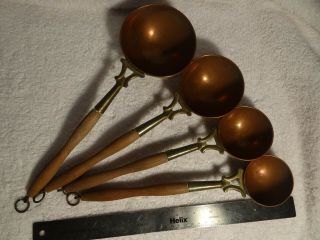 Vintage Set 4 15 " Large Copper Measuring Cup Spoons,  Ladles,  Brass Wood Handle