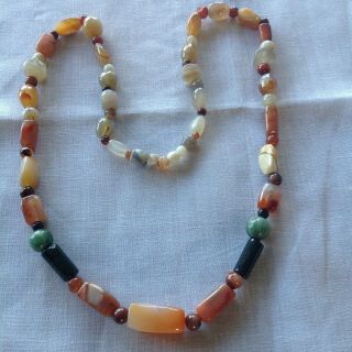 Vintage Necklace Polished Agate Stones Irregular Beads Tans / Greens / Creams