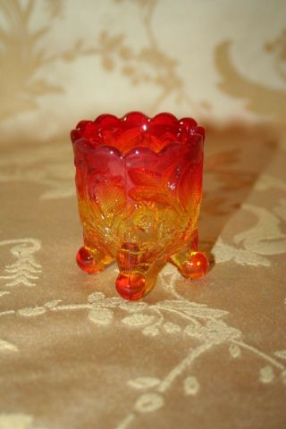 Vintage Fancy 2.  5 " Strawberry Pattern Amberina Glass Footed Toothpick Holder