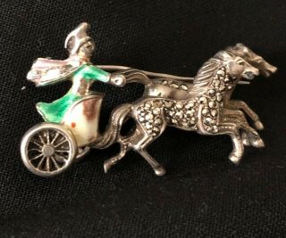 Vintage Silver Enamel Marcasite Horse And Chariot Brooch