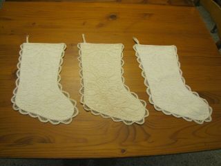 Set 3 Battenburg Christmas Stocking Embroidered Lace Cotton Vtg Linen Embroidery