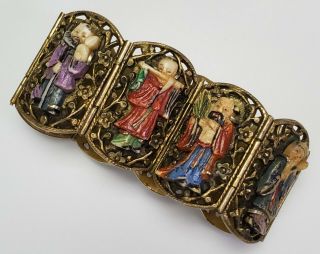 Antique Chinese Export Gilt Silver Bracelet W/ Carved Diety Immortal Figures