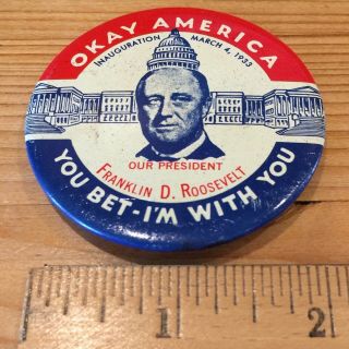 Franklin D Roosevelt President Inauguration Button Pinback Kleenex 1968 Vtg E592